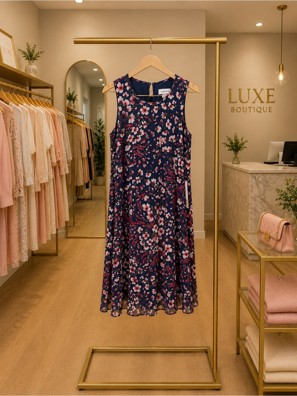 Calvin Klein Navy Floral Ruffle-Hem Sleeveless Midi Dress - Picture 2 of 7